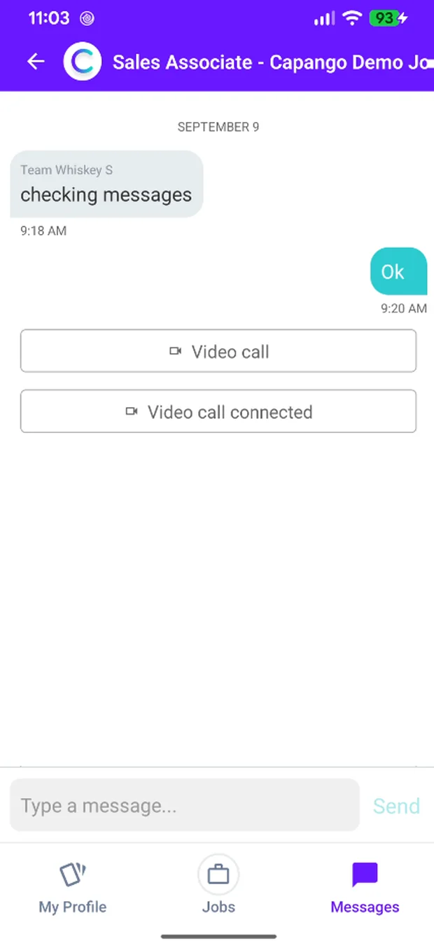 A conversation with a video call in the Capango app
