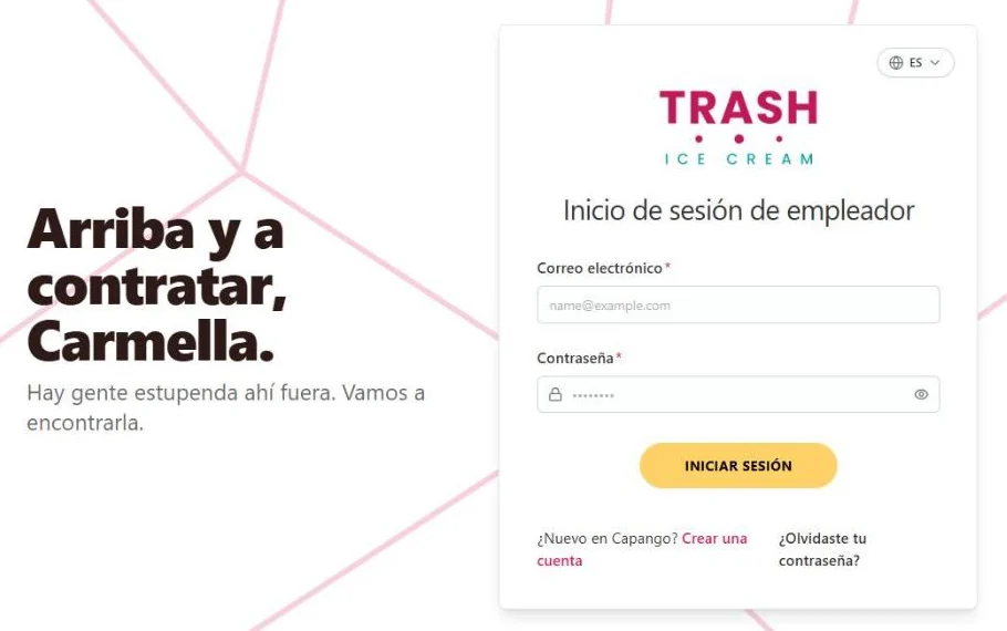 La misma página de inicio de sesión con la marca Trash Ice Cream