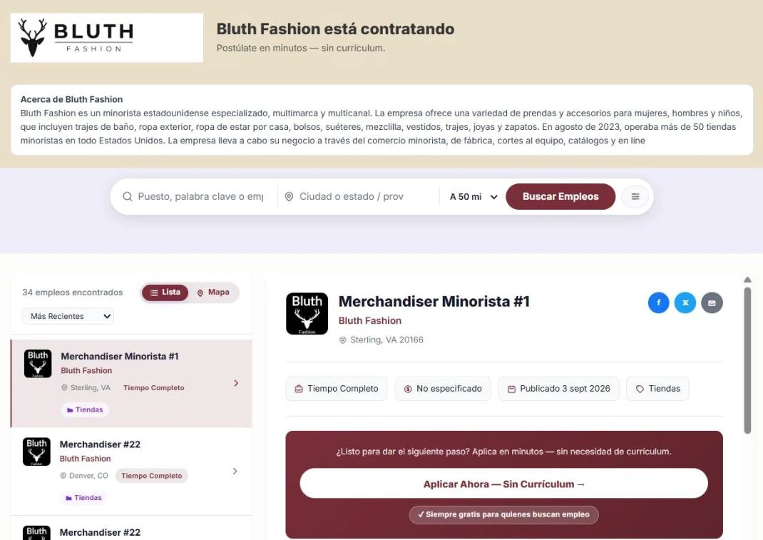 Un sitio de empleo con la marca Bluth Fashion
