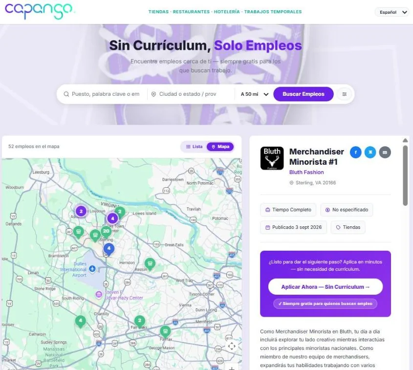 La búsqueda por mapa de la bolsa de empleo de Capango