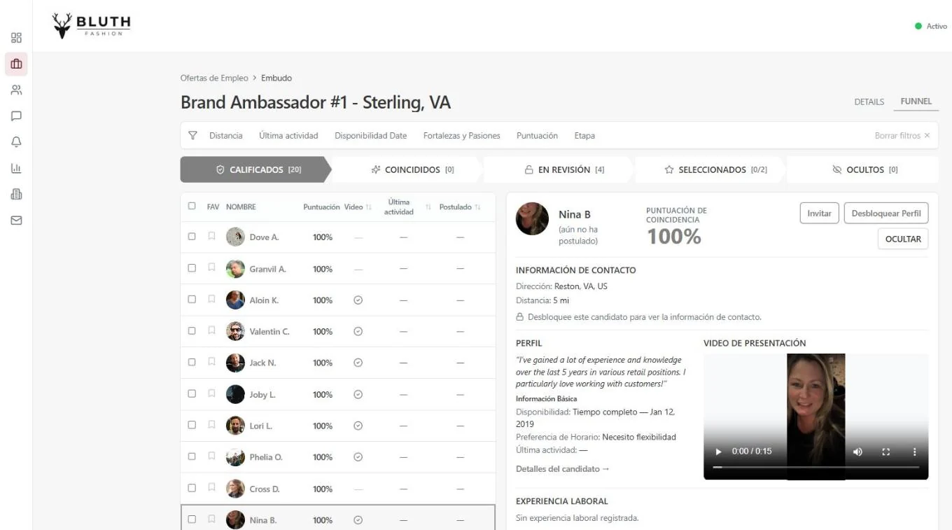 Un candidato puntuado frente a una vacante en el portal para empleadores