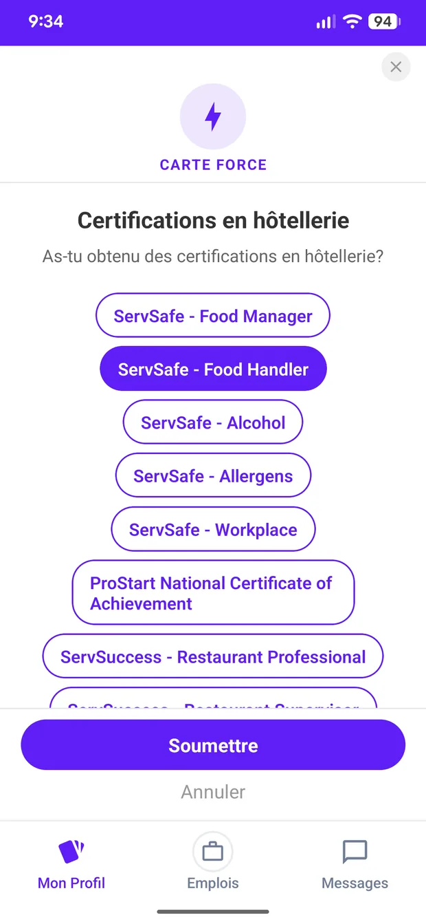 Ajouter des certifications ServSafe dans l'application Capango