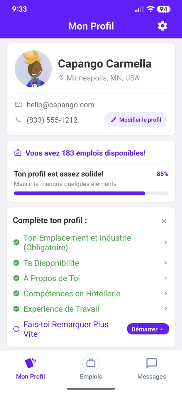 Ton profil dans l'application Capango