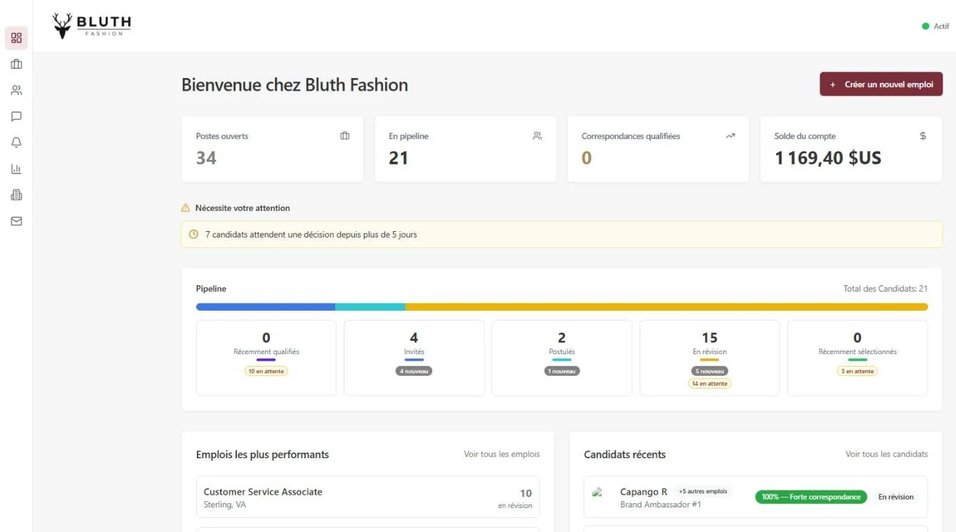 L'écran d'accueil du portail employeur Capango