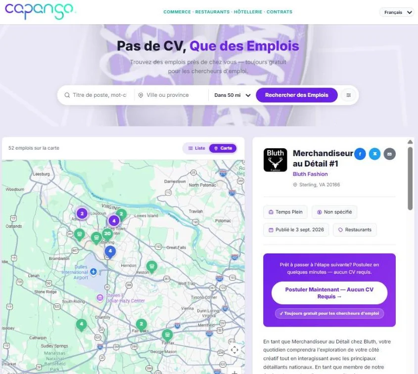 La recherche par carte du site d'emplois Capango