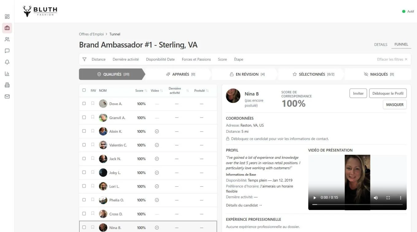 Un candidat noté par rapport à une offre dans le portail employeur