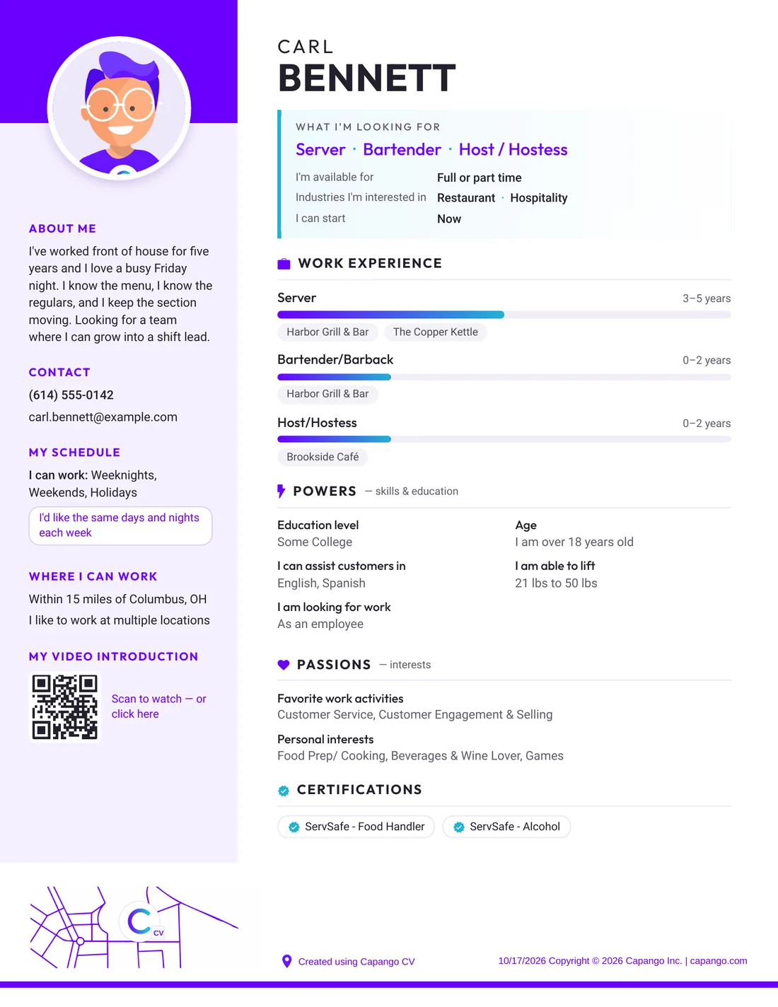 A sample Capango CV: Carl Bennett, restaurant server